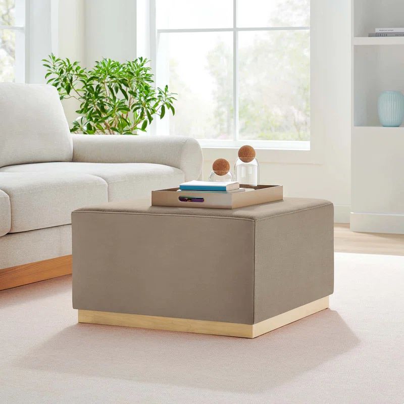 Tilden Taupe Velvet Upholstered Square Ottoman with Rubberwood Base