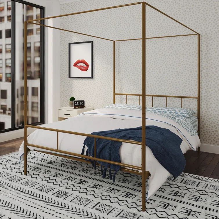 Full Gold Metal Canopy Bed Frame with Headboard
