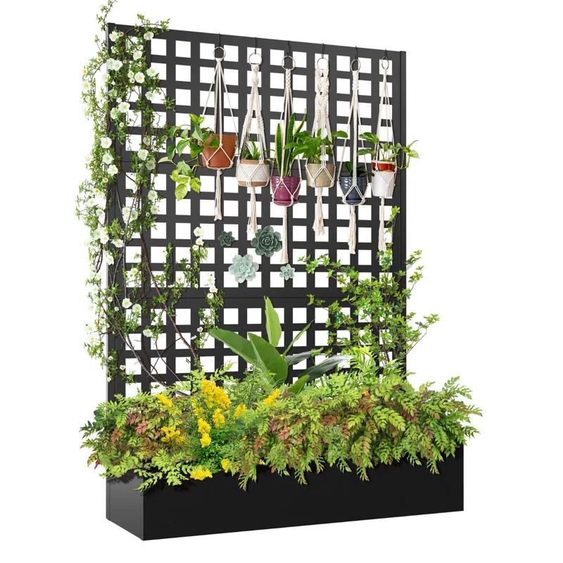 Black Metal Raised Garden Bed with Trellis for Climbing Plants