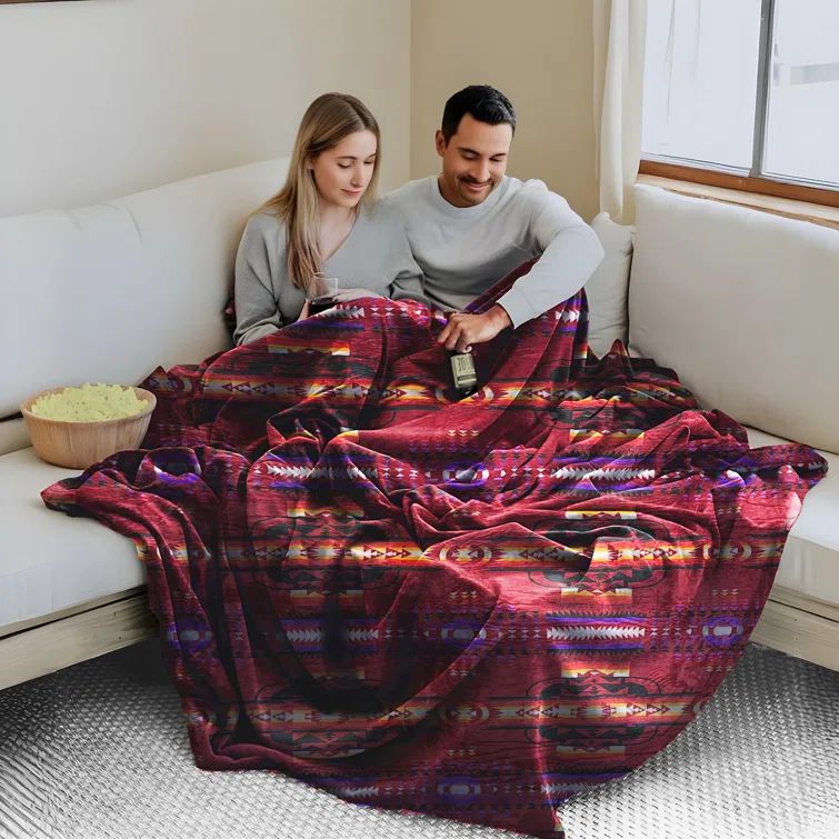 King Size Burgundy Geometric Sherpa Fleece Reversible Throw Blanket