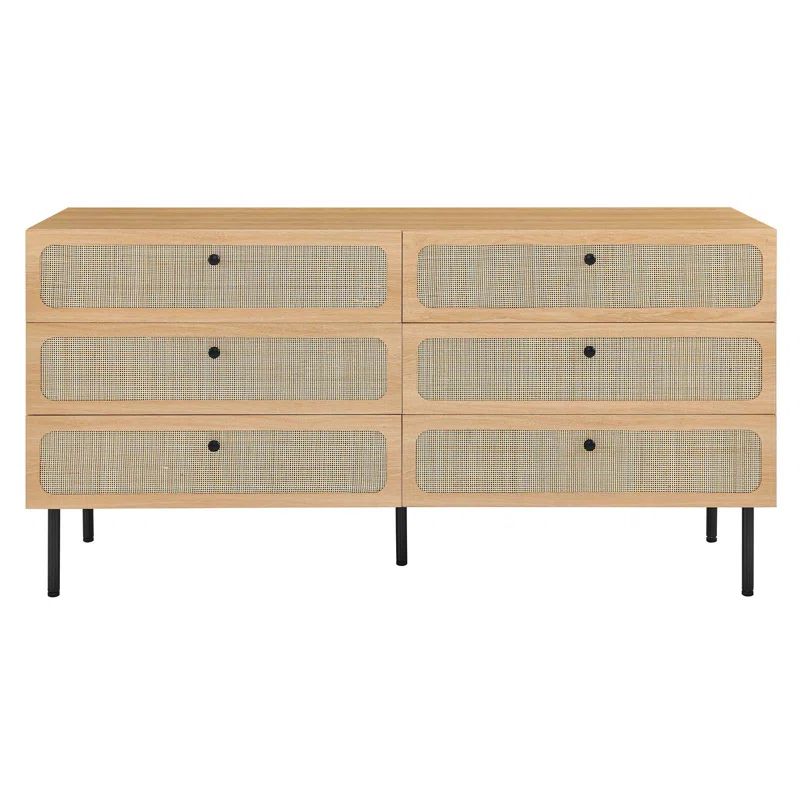 Oak and Rattan 6-Drawer Dresser with Adjustable Feet