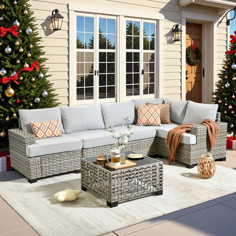 Gray Wicker 6-Person Outdoor Sectional Sofa Set with Cushions