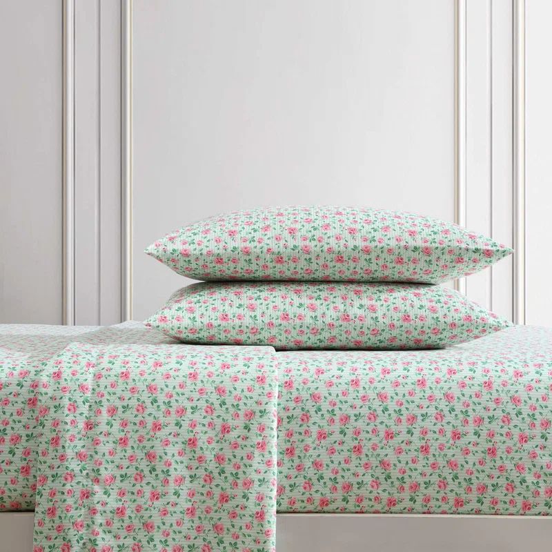 King Pink Floral Print Satin Microfiber Sheet Set