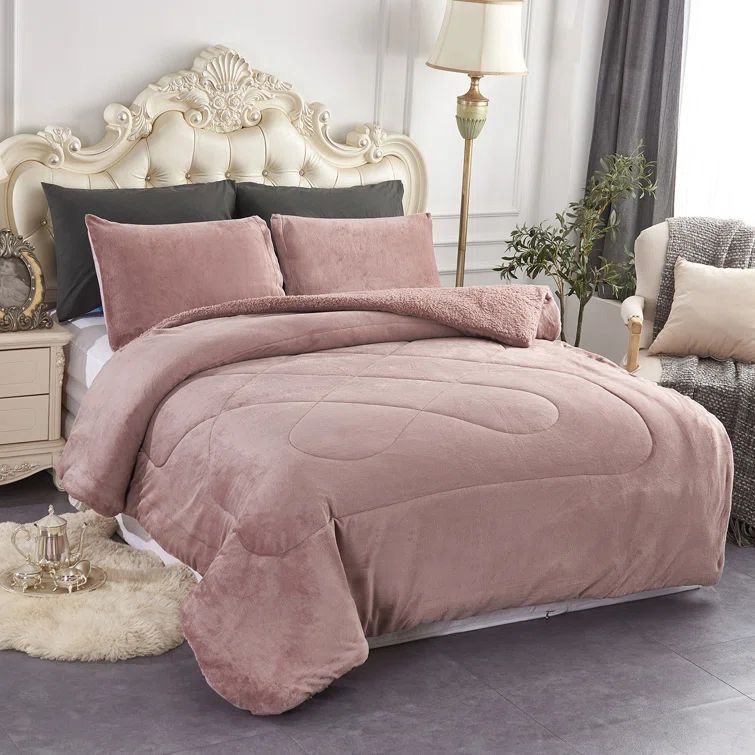 California King Woodrose Sherpa Plush Micro Suede Comforter Set
