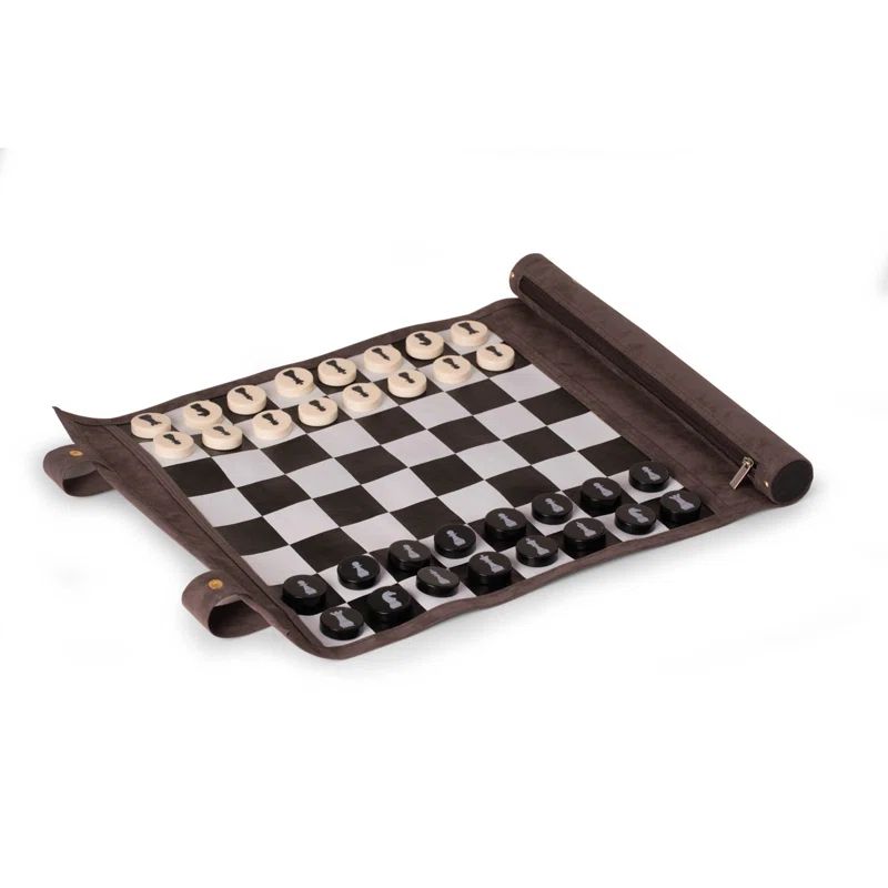 Gray Suede Roll-Up Travel Chess Set with Zipper Storage