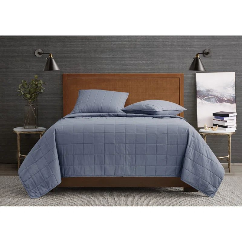 Pem-Wash Blue Full Microfiber Quilt Set with Shams