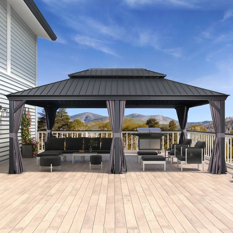 Purple Leaf 14' x 20' Grey Steel Hardtop Patio Gazebo with Curtains