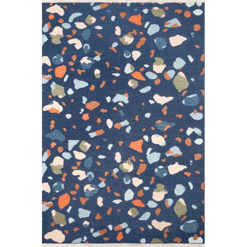 Navy and Multicolor Abstract Wool Flatweave Rug, 2' x 3'