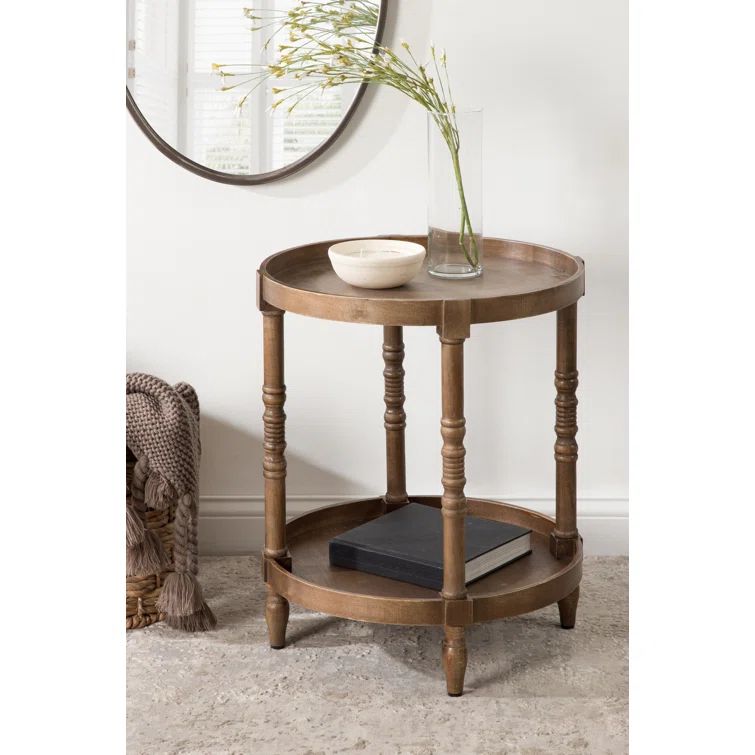 Colonial Rustic Brown Wooden Round Dual-Tier End Table