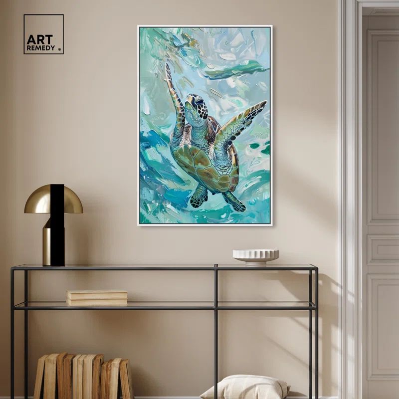Serene Turtle Coastal Canvas Wall Art with Gold Frame
