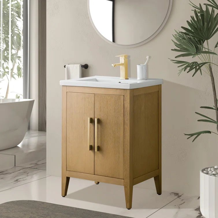 Natural Oak 24" Single Bathroom Vanity with White Ceramic Top