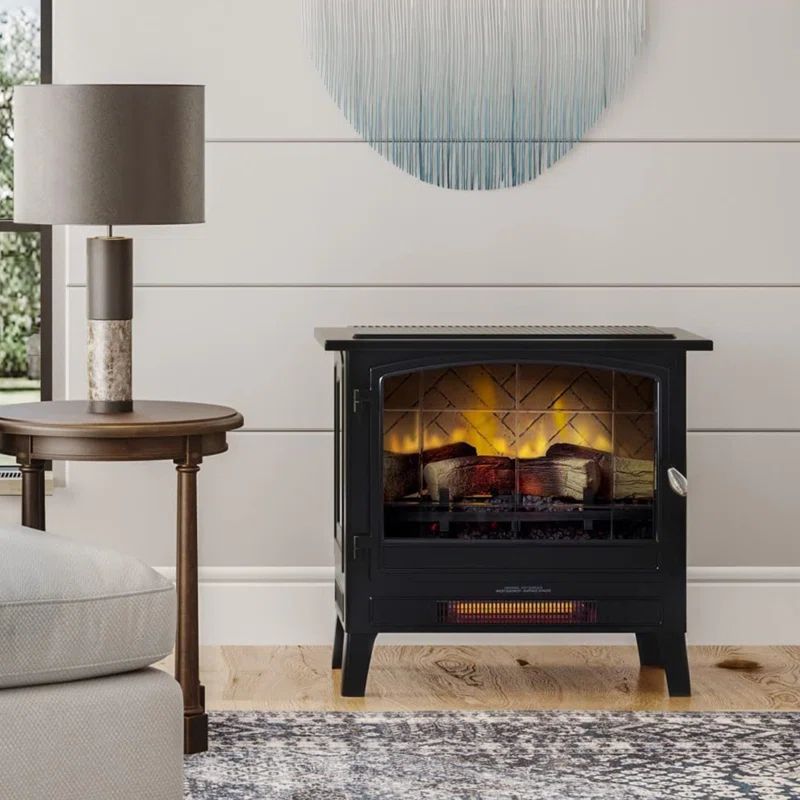 Black Freestanding Electric Fireplace Stove with Faux Logs