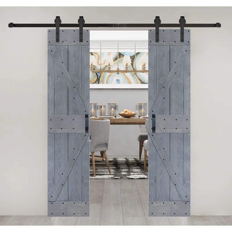 Dark Gray Solid Wood Double Sliding Barn Door Kit with Matte Black Hardware