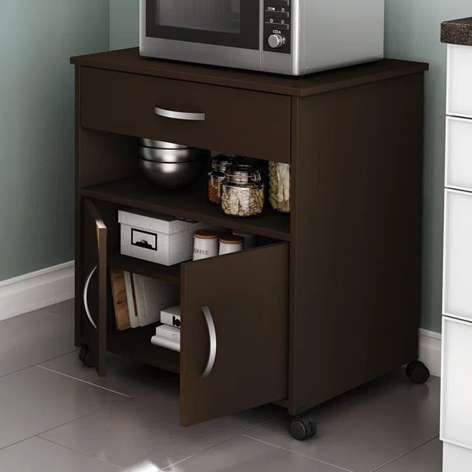 Chocolate Particleboard Microwave Cart with Storage and Wheels