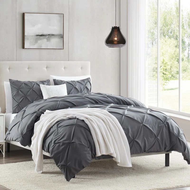 Queen Size Gray Pintuck Microfiber Duvet Cover Set