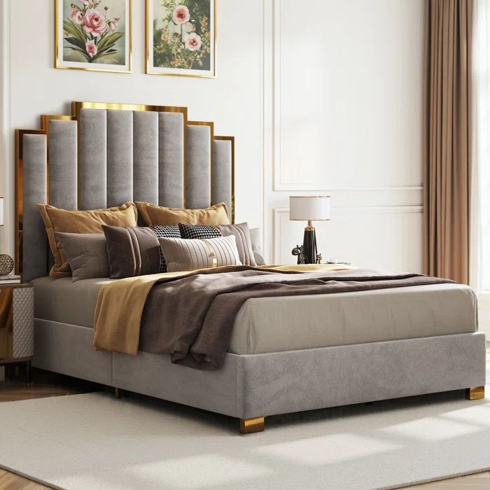 Gray Velvet Queen Bed Frame with Gold Trim and Headboard