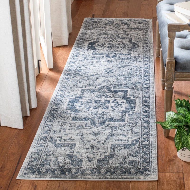 Ivory & Navy Hand-Knotted Synthetic Runner Rug - Easy Care, Stain-Resistant