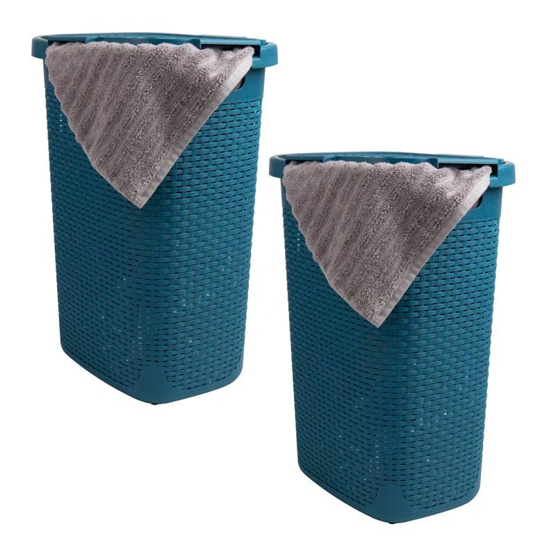 Blue Plastic Wicker Style Upright Hamper with Lid, Set of 2