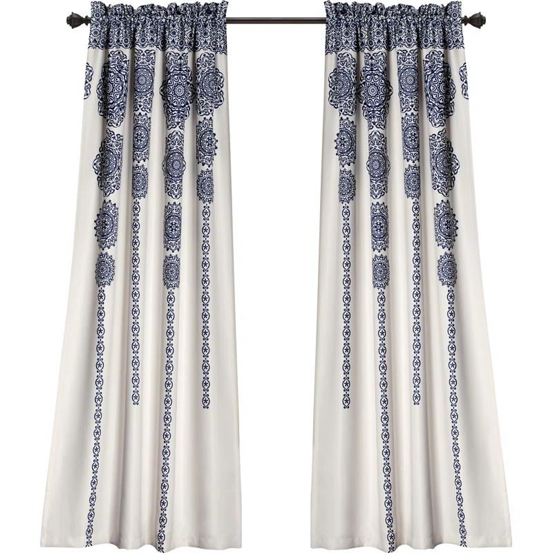 Navy and White Polyester Blackout Medallion Curtain Panels