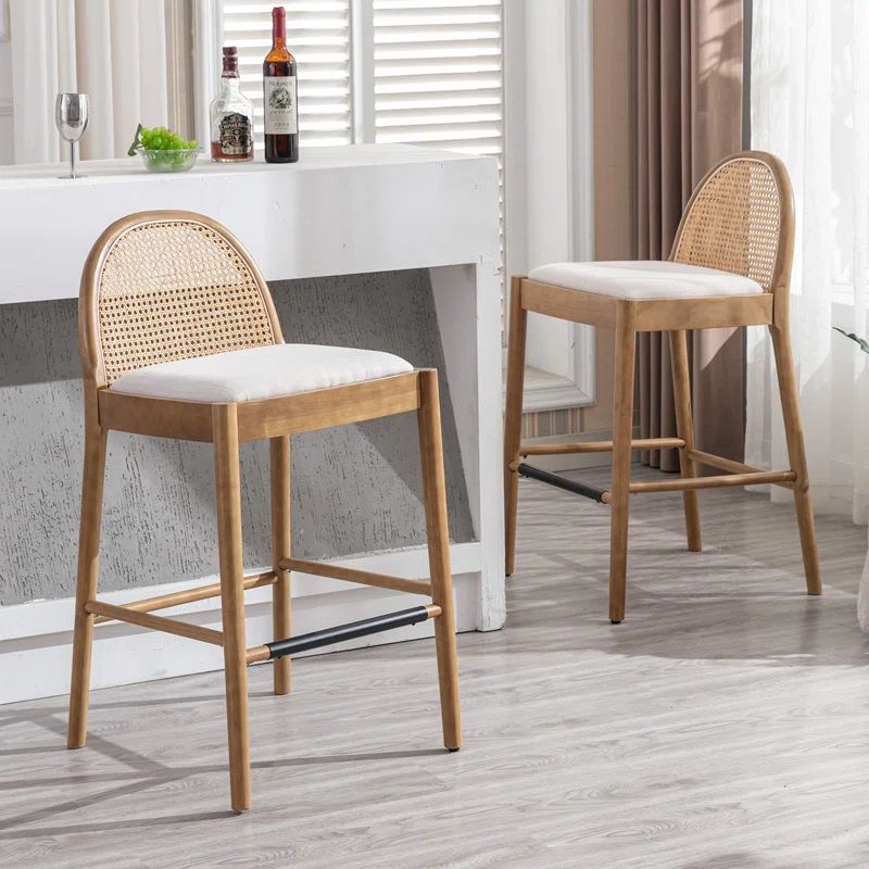 Beige 30-Inch Wood Bar Stools with Rattan Backrest, Set of 2