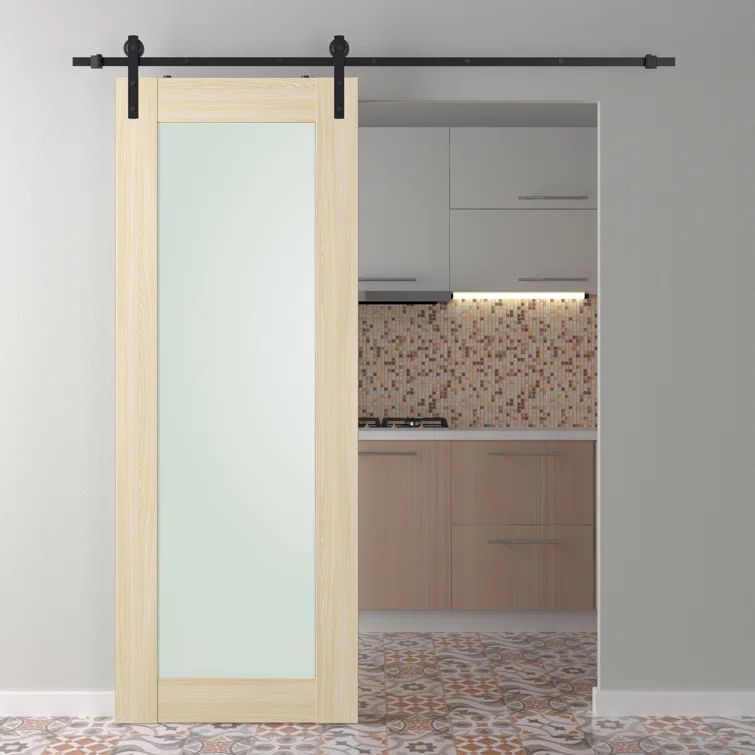 Loire Ash Frosted Glass Paneled Sliding Barn Door Kit