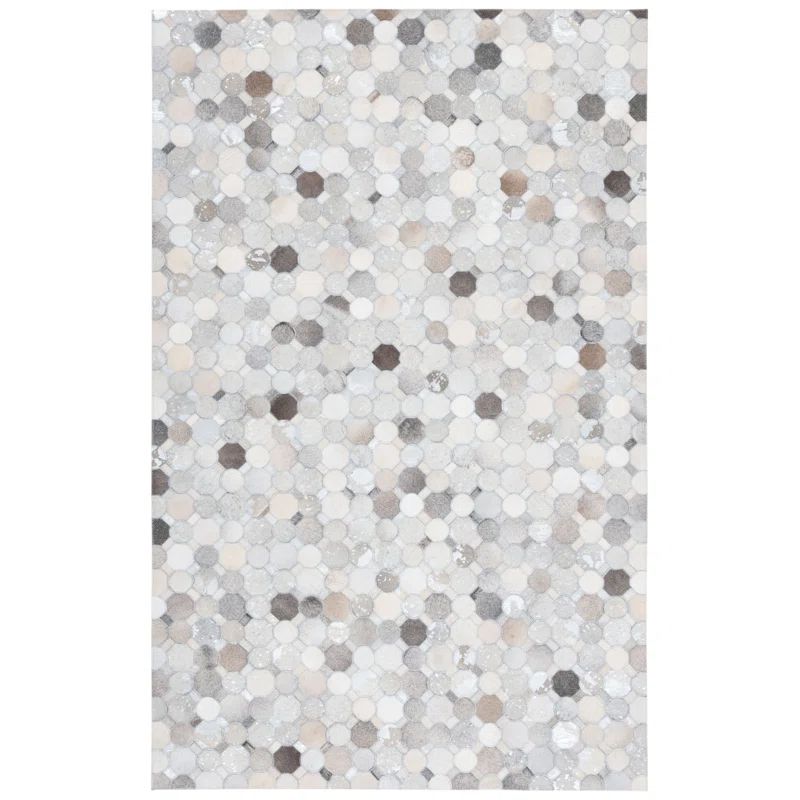 Ivory and Gray Geometric Cowhide Leather 3' x 5' Area Rug
