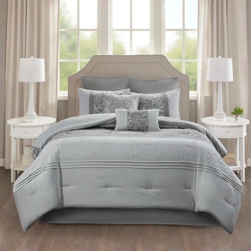 Gray Queen Microfiber 8-Piece Embroidered Comforter Set