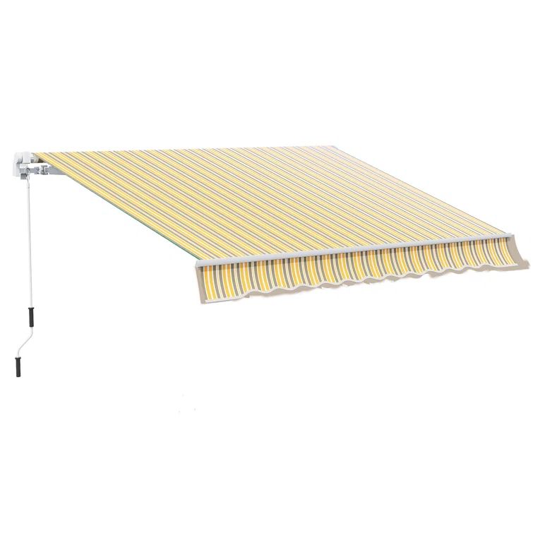 Yellow and Grey Striped Retractable Patio Awning with Aluminum Frame