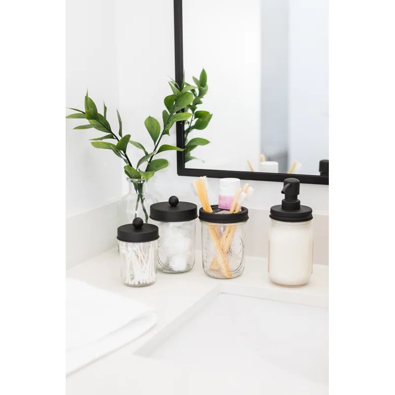 Black Glass and Metal Mason Jar Bathroom Set