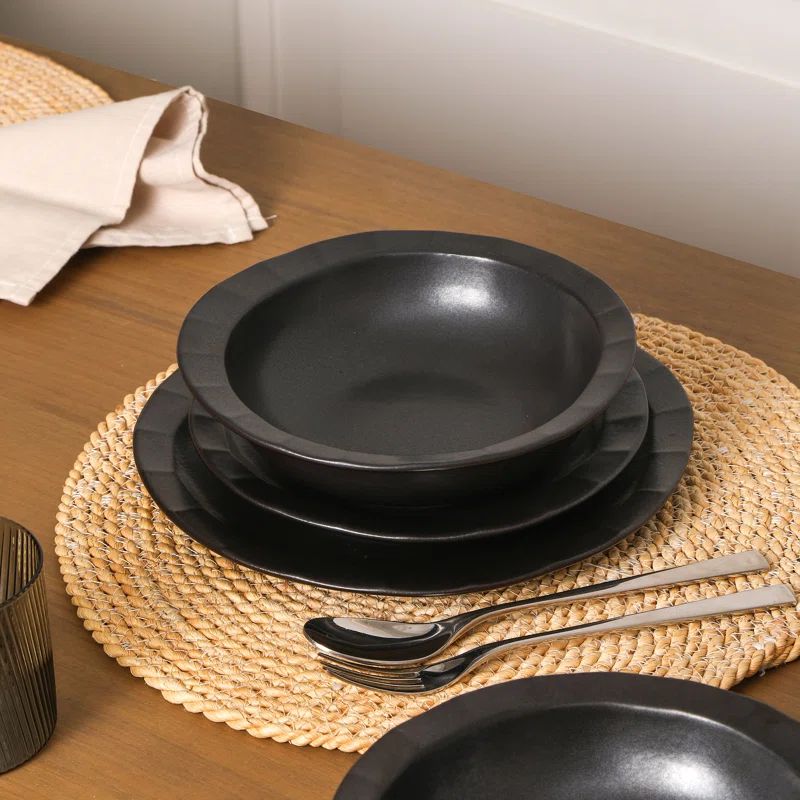 Black Ceramic 34 fl oz Pasta Bowl Set, Microwave and Dishwasher Safe