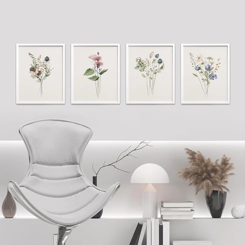 White Framed Botanical Floral Print Set on Canvas