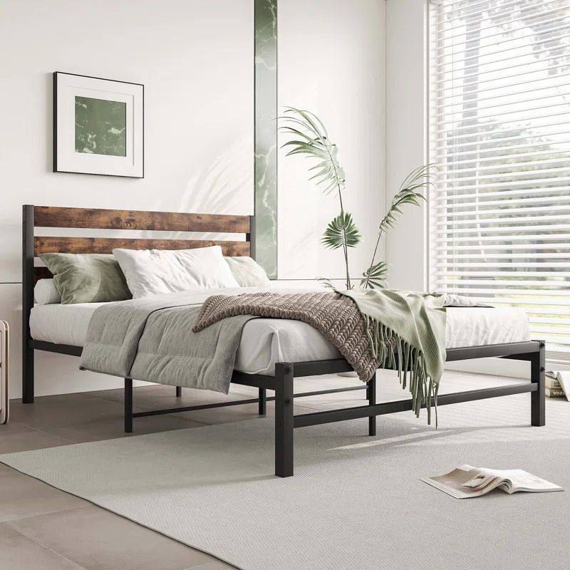 Full Size Rustic Brown Metal Frame Platform Bed with Wood Headboard
