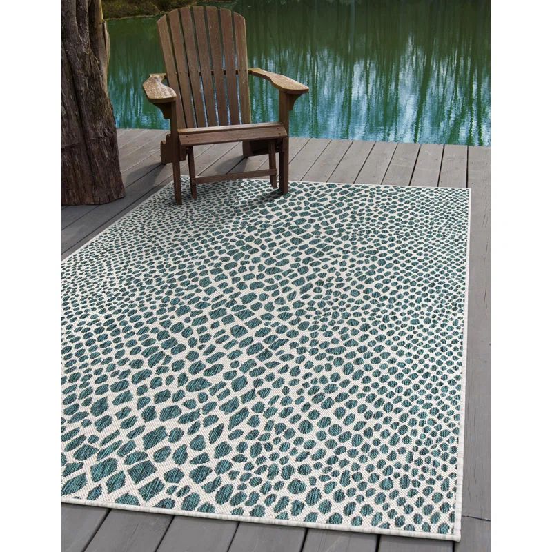 Teal Abstract 5' x 7' Flatweave Synthetic Outdoor Rug