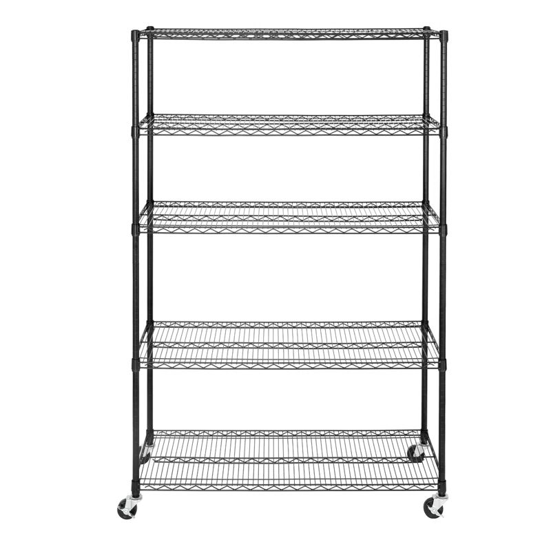 Black Adjustable 5-Tier Steel Wire Shelving Unit with Wheels