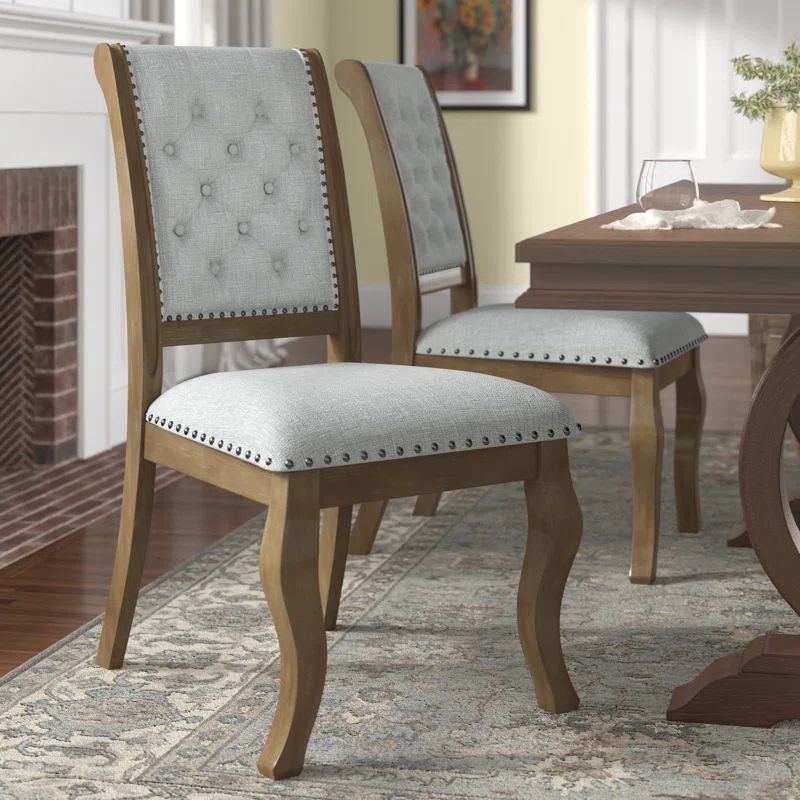 Cream Upholstered Tufted Side Chair with Light Brown Wood Frame