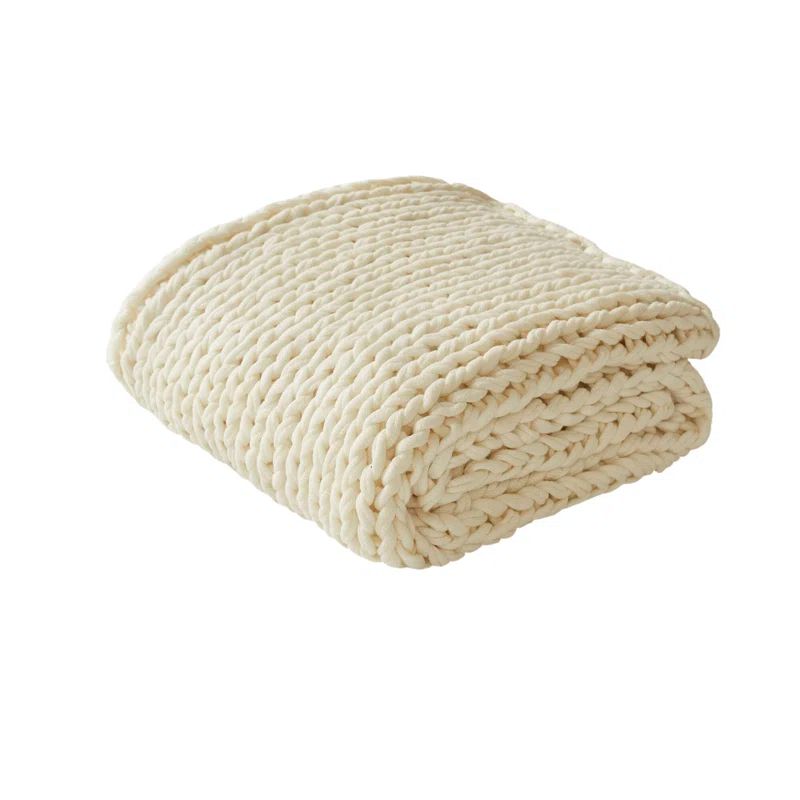 Ivory Blush Chunky Cable Knit Handmade Throw, 50"x60"