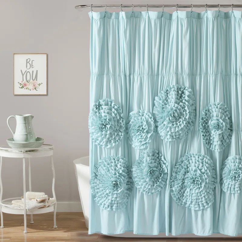 Spa Blue Polyester Ruffled Floral Shower Curtain