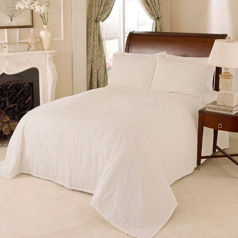 Queen White Cotton Channel Chenille Bedspread
