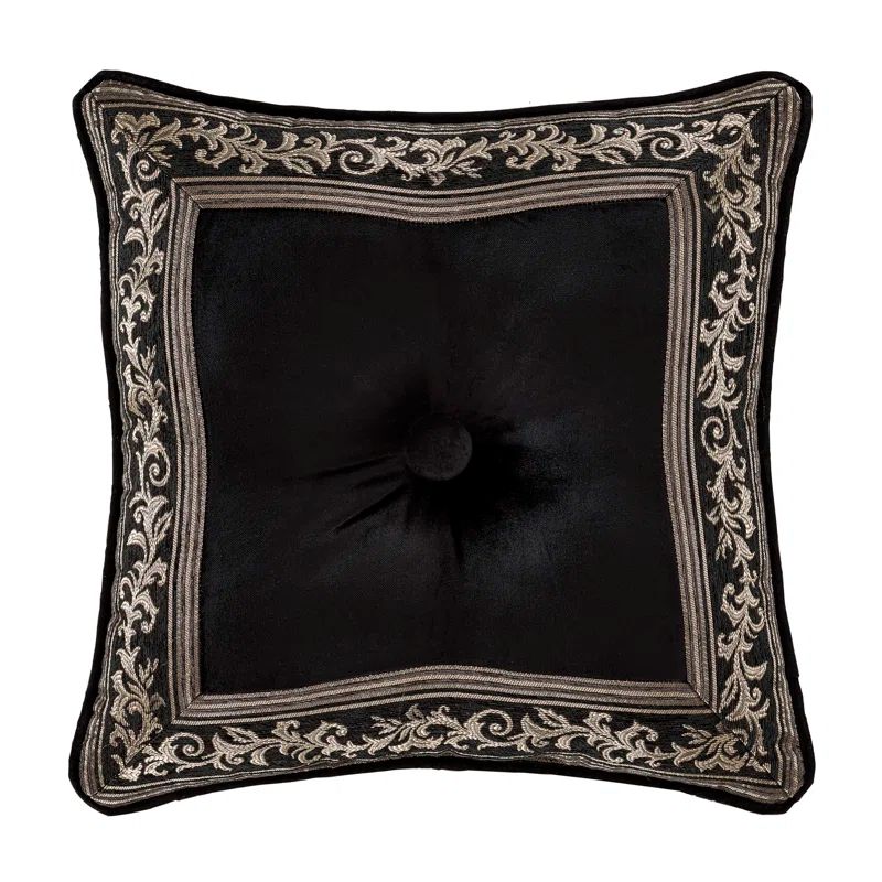 Black Velvet Square Throw Pillow with Embroidered Border