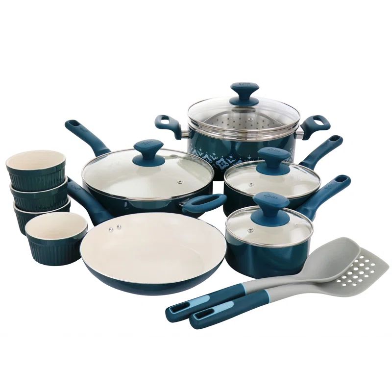 Mint and Teal 16-Piece Nonstick Aluminum Cookware Set