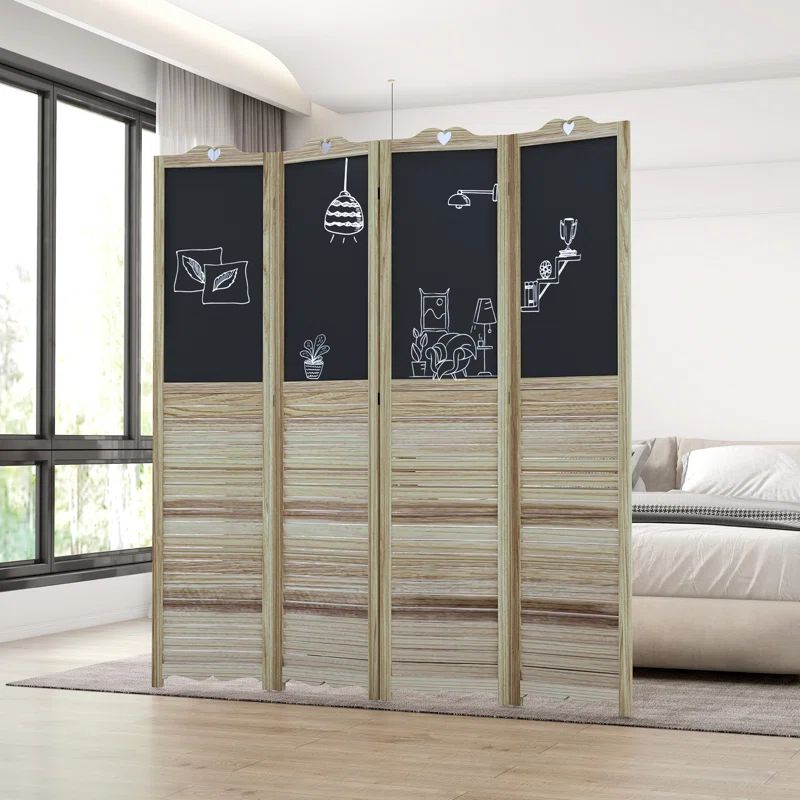 White and Black 4-Panel Folding Room Divider with Blackboard