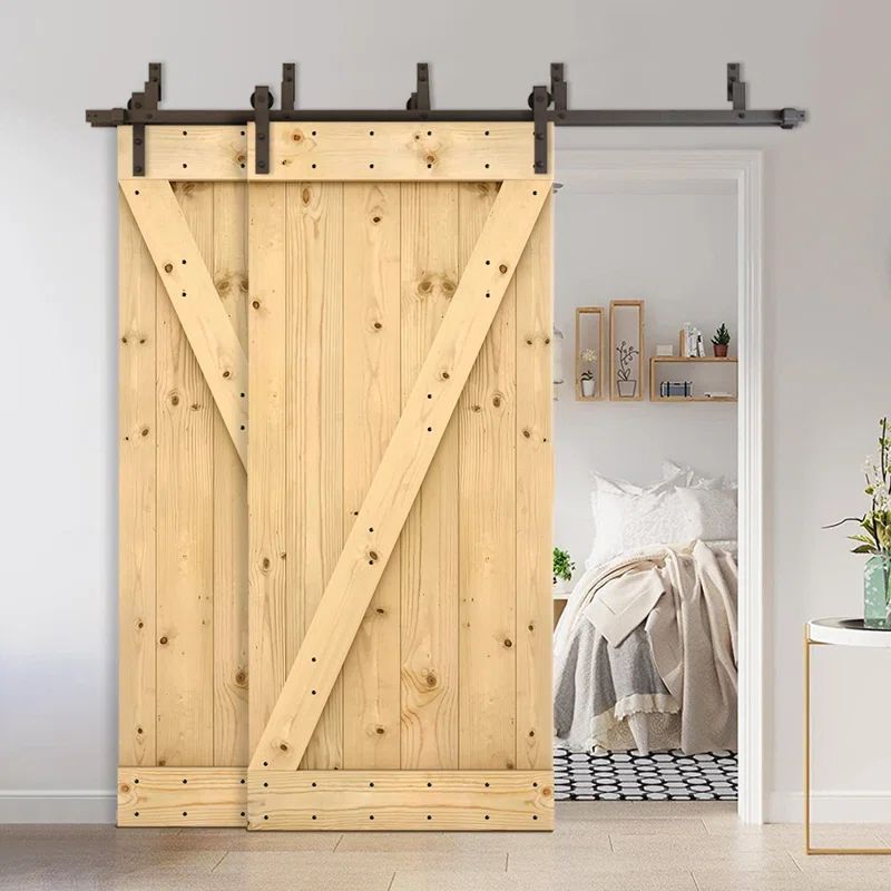 84'' Unfinished Knotty Pine Double Bypass Barn Door with Oil-Rubbed Bronze Hardware