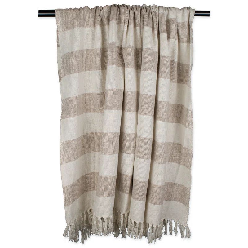 Beige and Off-White Cotton Striped Throw Blanket with Fringe