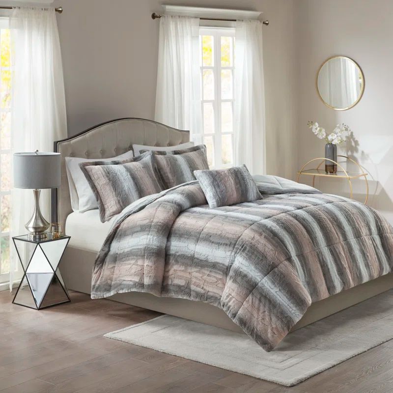 Blush and Gray Faux Fur Full Comforter Set
