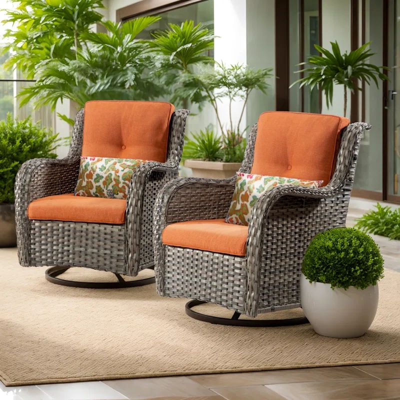 Modern Orange Cushioned Steel Frame Swivel Rocking Chair Set