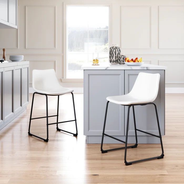 Ivory Upholstered Counter Stools with Black Metal Base, Set of 2
