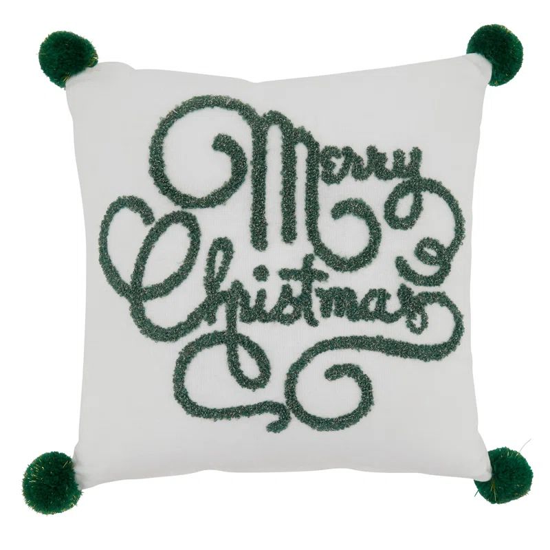 12" Square White and Green Embroidered Cotton Christmas Pillow