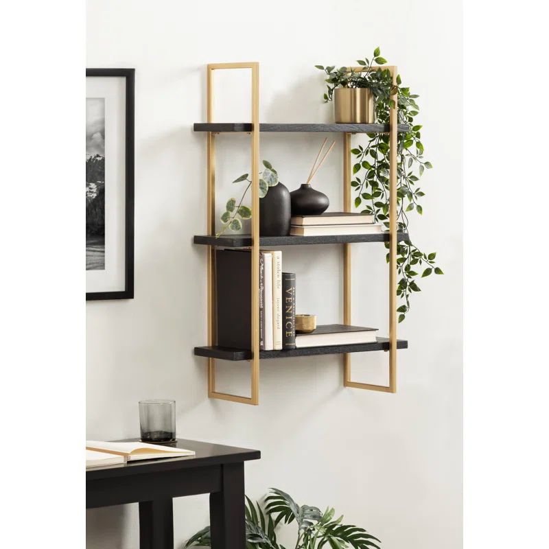Black and Gold Wood 3-Tier Floating Wall Shelf