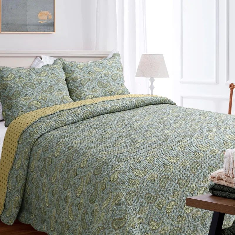 Full Blue Cotton Reversible Paisley Quilt Set