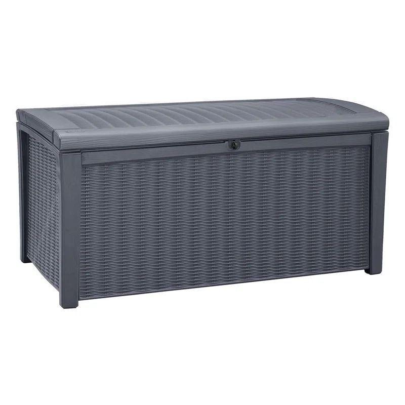 Gray Plastic Wicker Lockable Deck Storage Box Bench